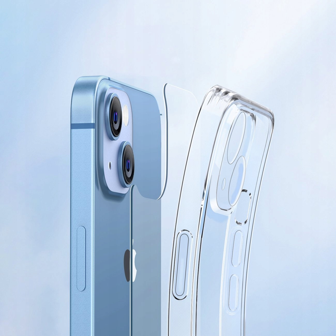 Un iPhone con una custodia trasparente che lo copre parzialmente. Il telefono è blu e la custodia è trasparente.