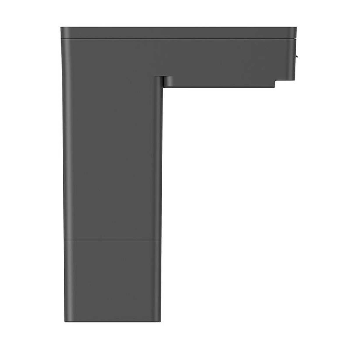 Graues, L-förmiges Bauteil. Einfaches Design mit rechteckiger Basis und Oberseite.