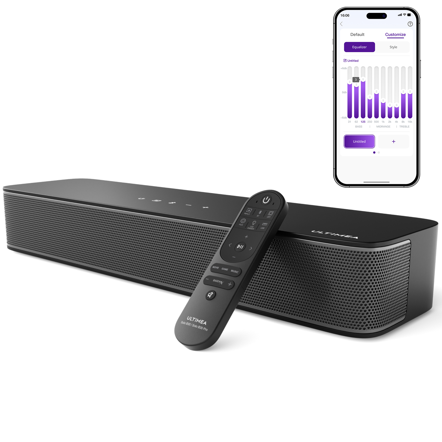 Czarny soundbar, pilot i telefon pokazujący interfejs aplikacji equalizera.