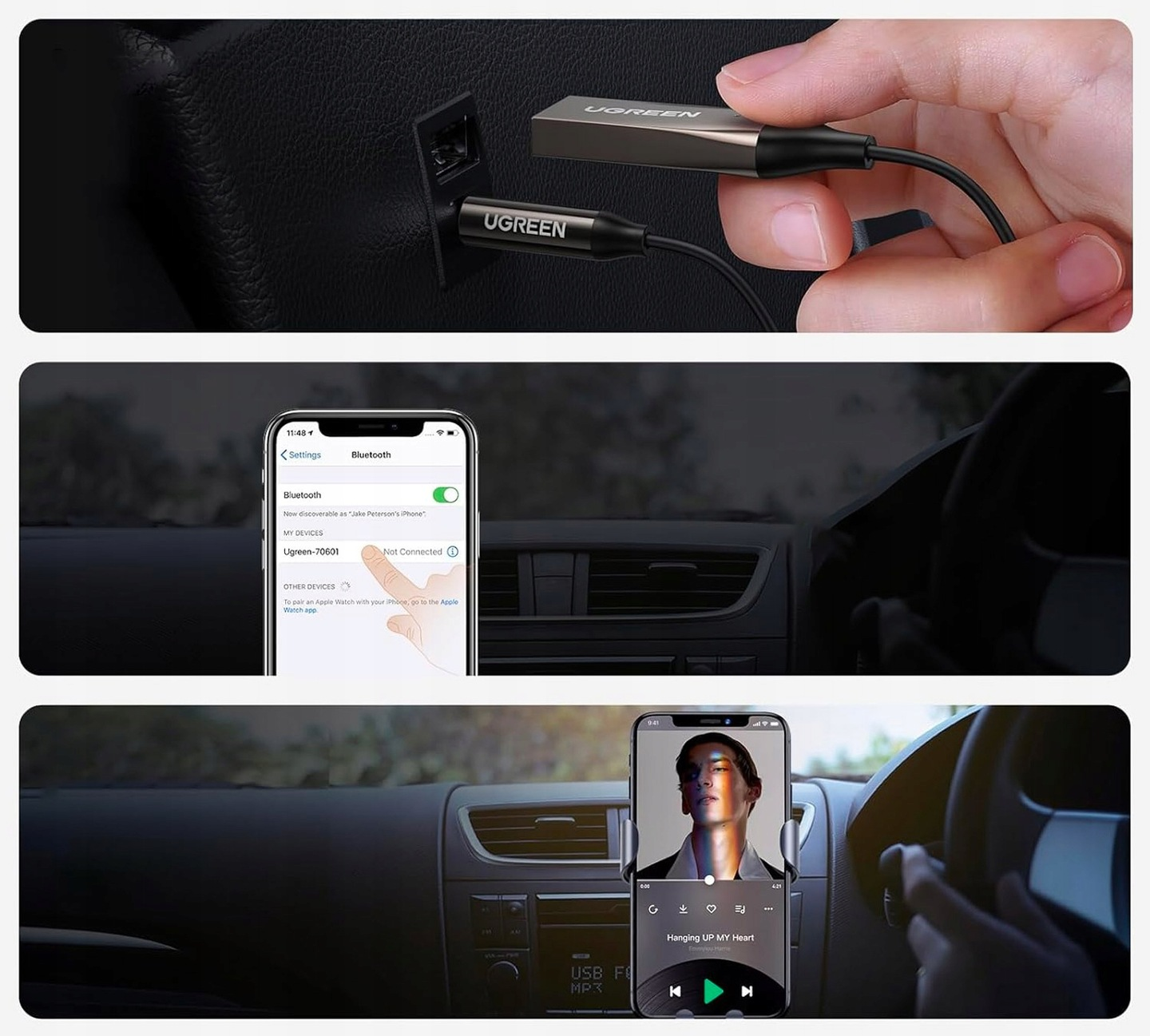 Osoba podłącza kabel UGREEN do interfejsu samochodu, pokazując ekran telefonu z ustawieniami Bluetooth i muzyką.