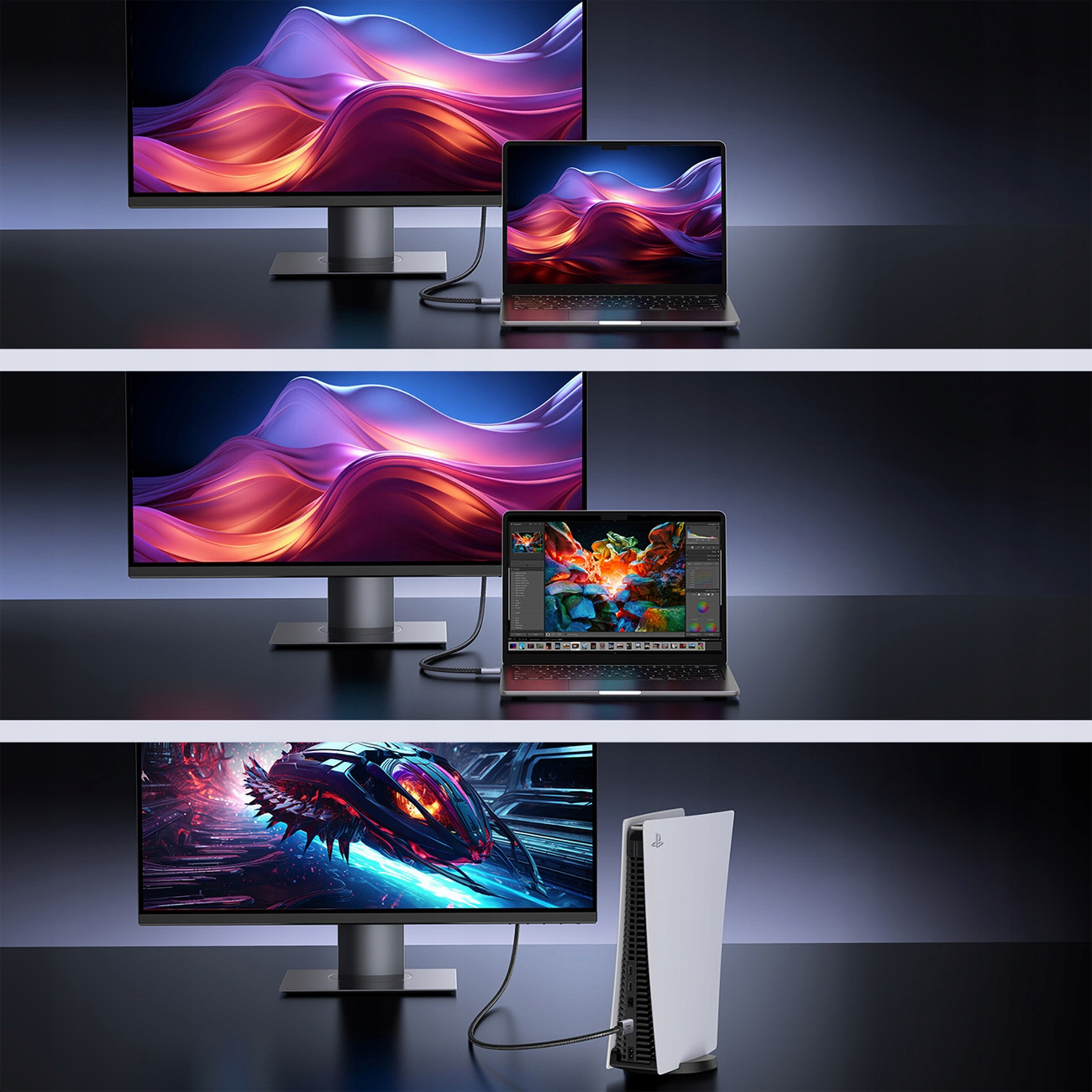 Wiele ekranów z podłączonymi urządzeniami. Podłączony jest laptop i monitor.