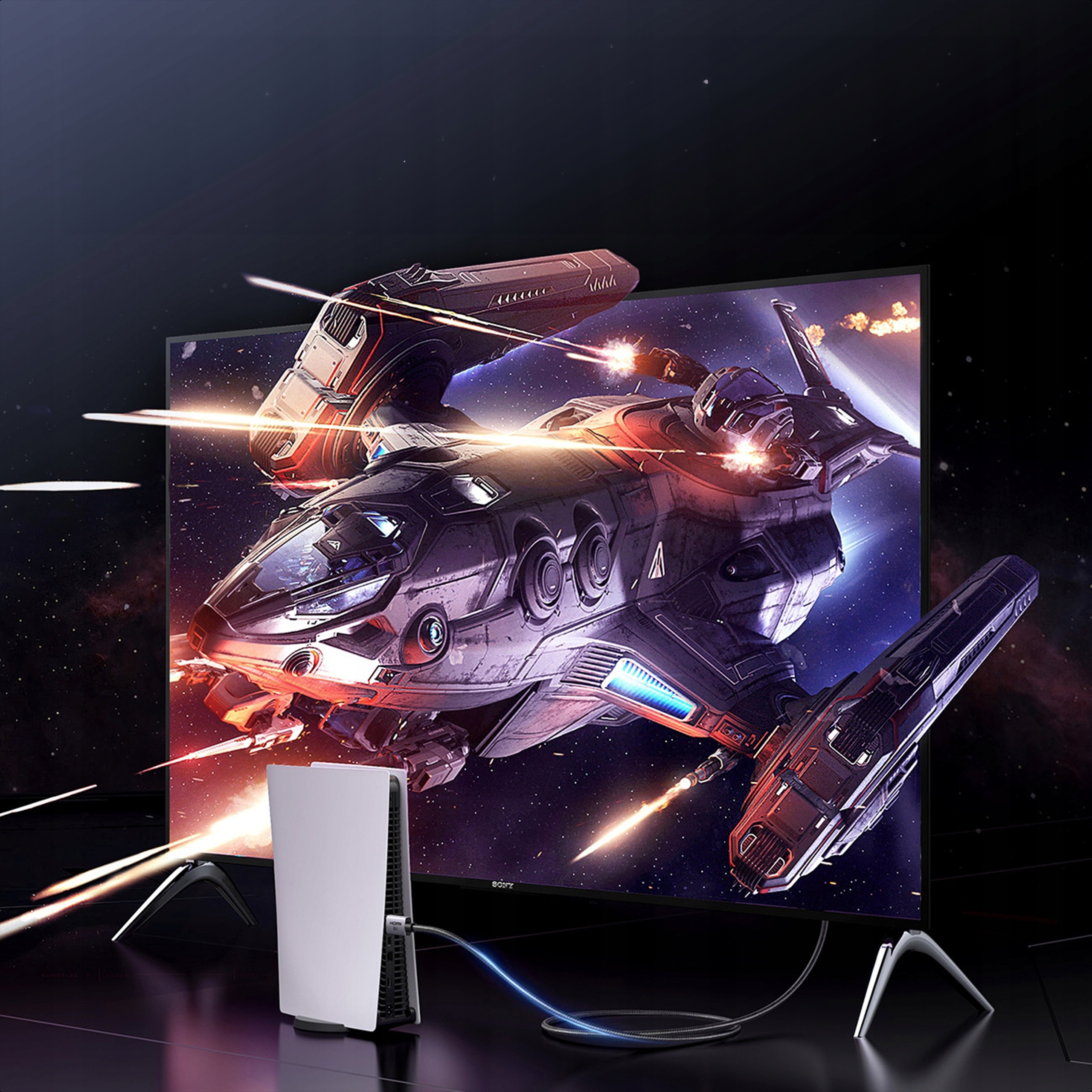 Statek kosmiczny na ekranie telewizora podłączonego do PS5. Scena dzieje się w kosmosie.