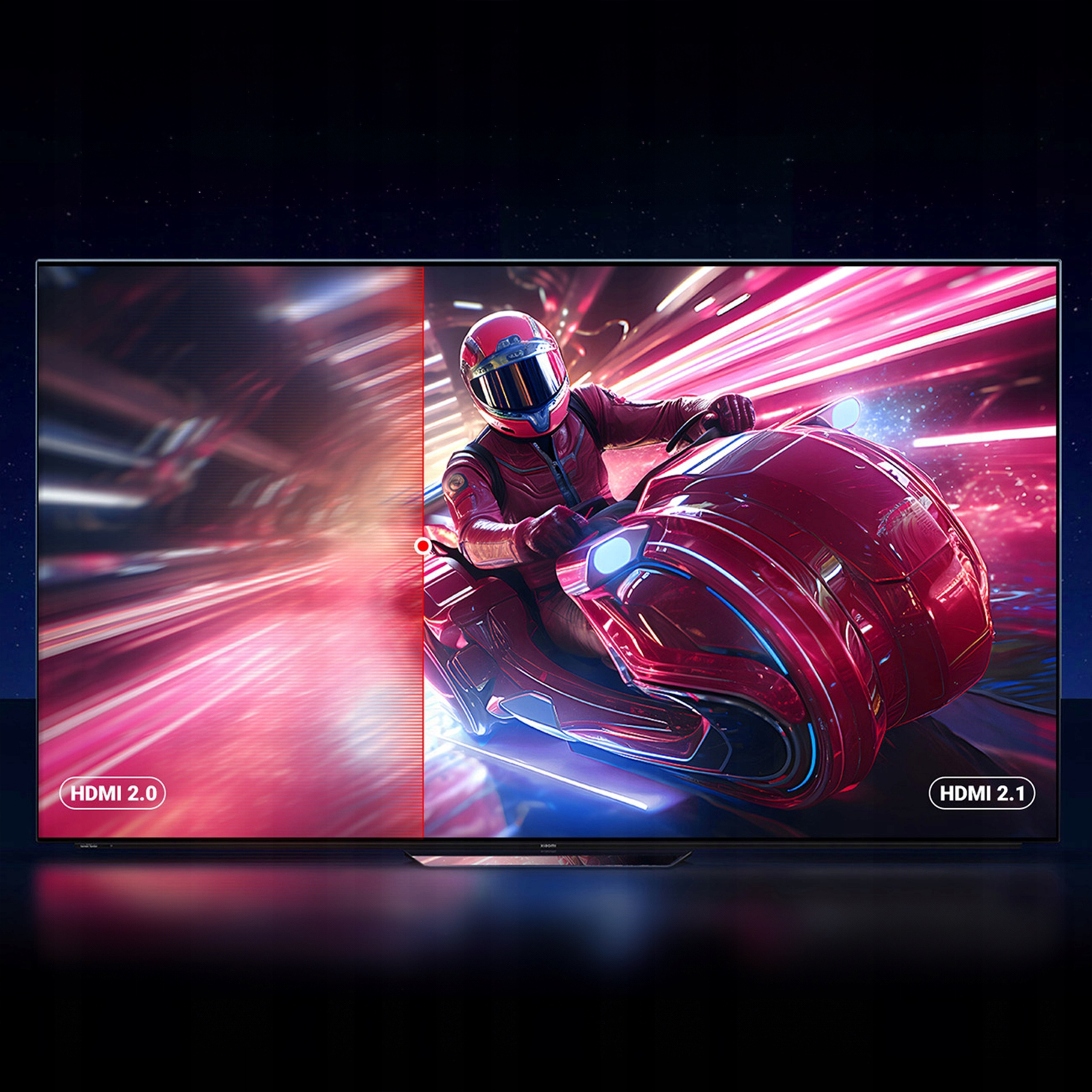 Ekran telewizora ze sceną wyścigu. Ekran jest podzielony, pokazując HDMI 2.0 i 2.1.