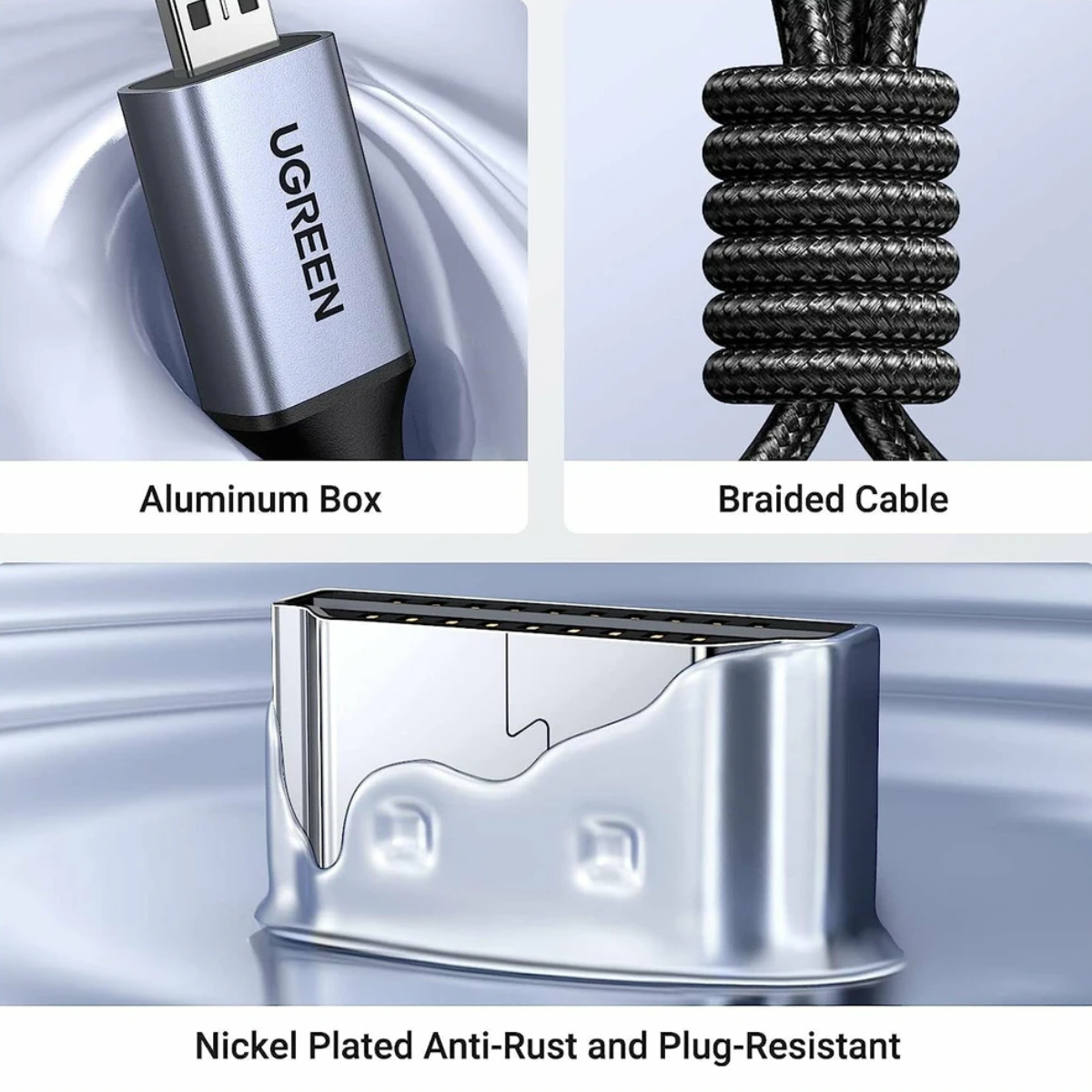 Zbliżenie komponentów kabla HDMI. Pokazuje aluminiową obudowę, pleciony kabel i niklowane złącza.