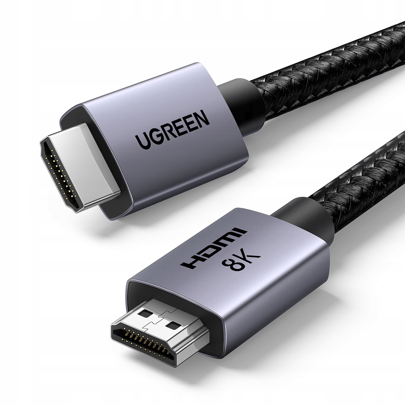 Kabel HDMI z 8K i UGREEN na złączach. Czarny pleciony kabel.