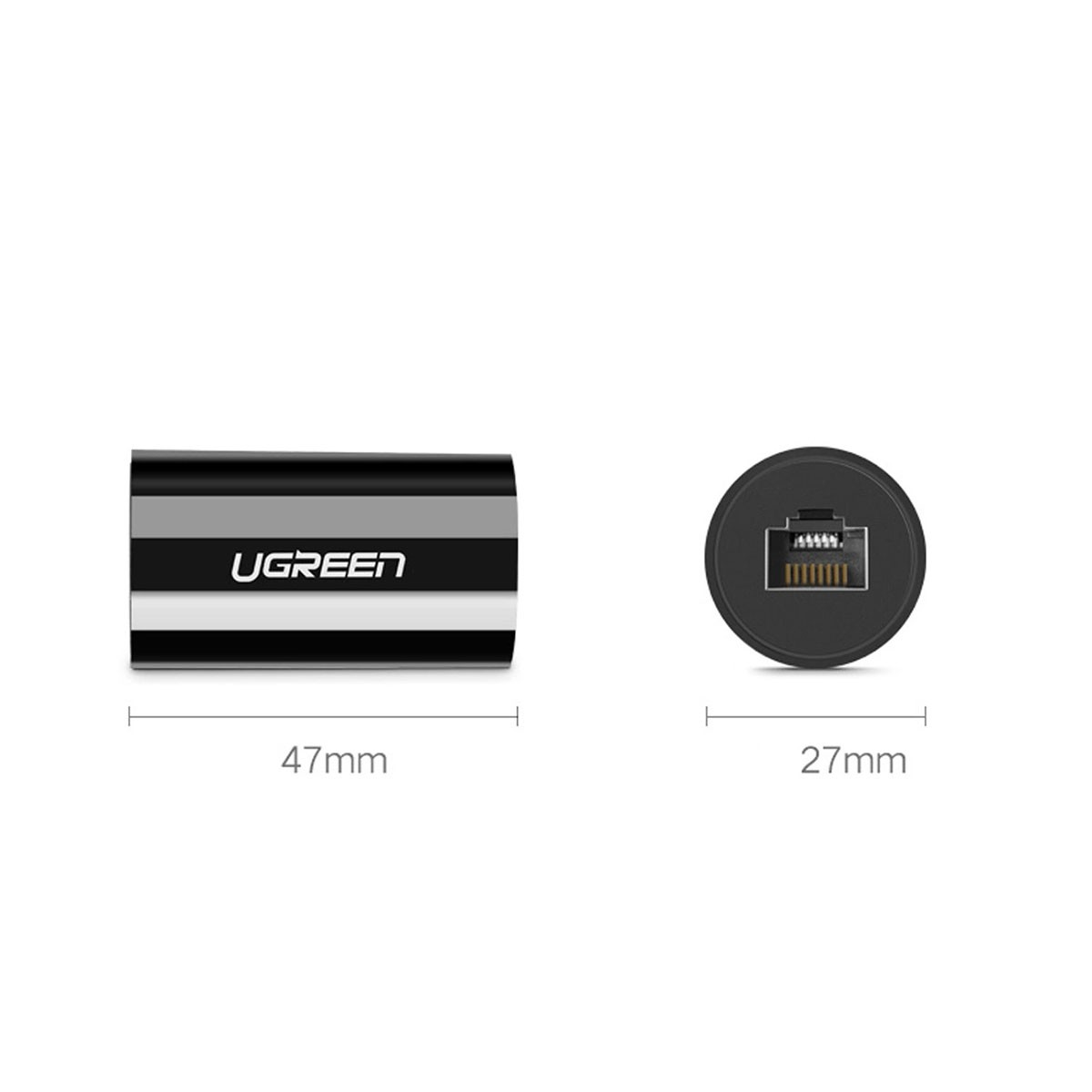 Adapter UGREEN z portem Ethernet. Obraz przedstawia widok z boku i z przodu, z wymiarami 47 mm i 27 mm.