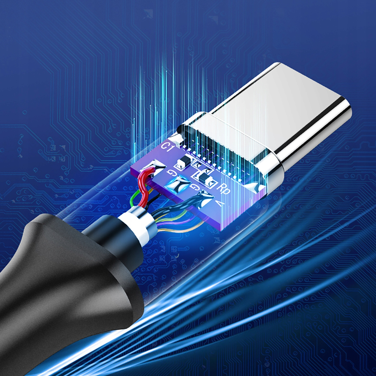 Cavo USB-C tagliato con cablaggio interno visibile. Il cavo è nero con un connettore argentato e un circuito viola.