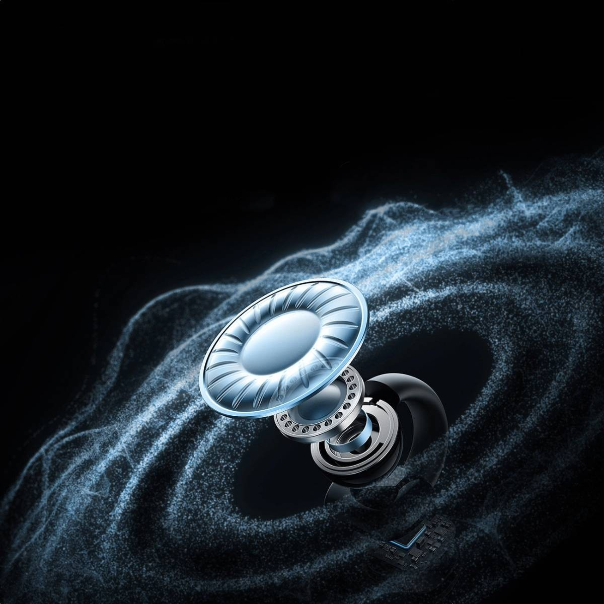 Widok rozstrzelony słuchawki pokazujący jej komponenty. Projekt podkreśla technologię zapewniającą czysty dźwięk.