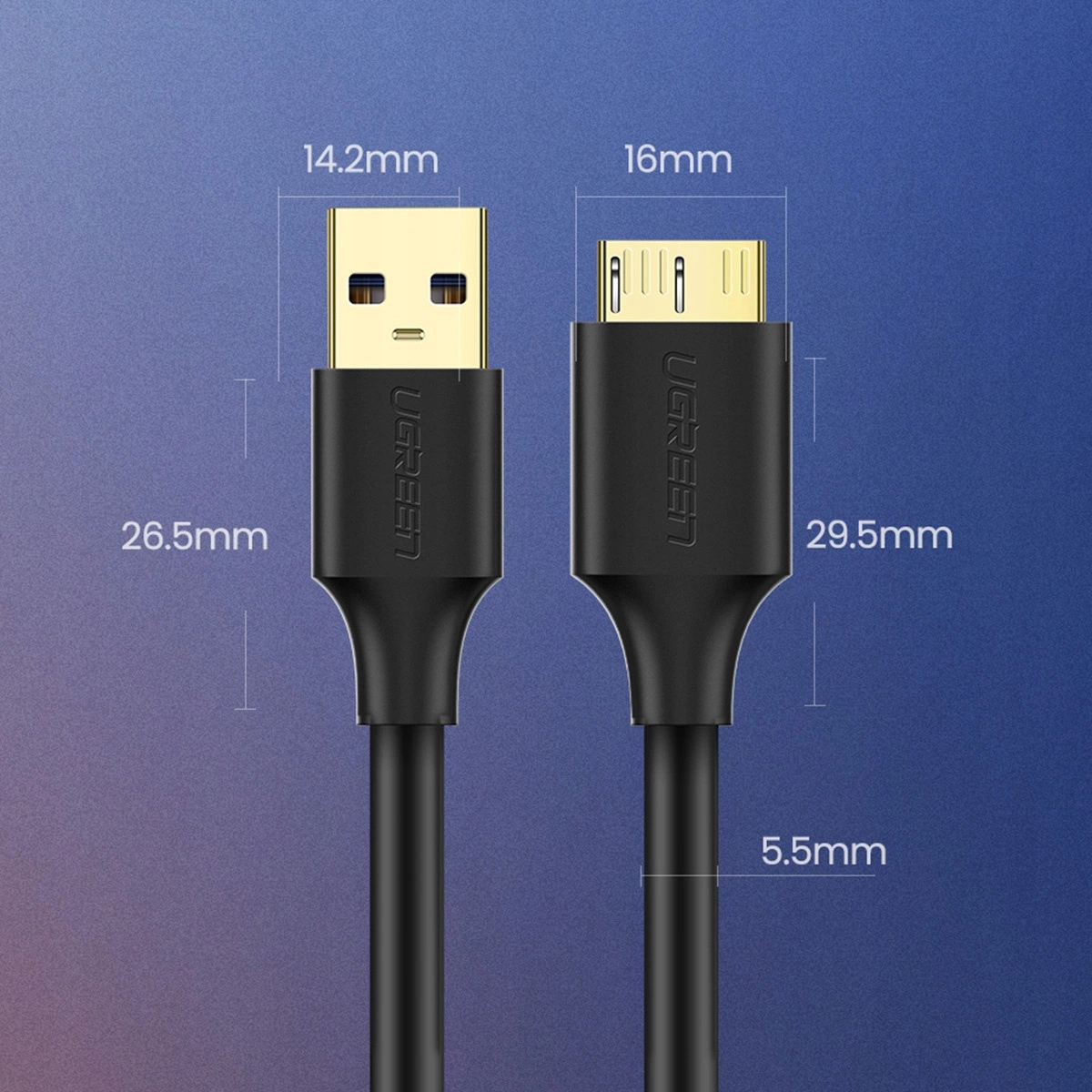 Zbliżenie czarnego kabla USB z złączem USB-A po lewej i micro-USB po prawej. Pokazano wymiary.
