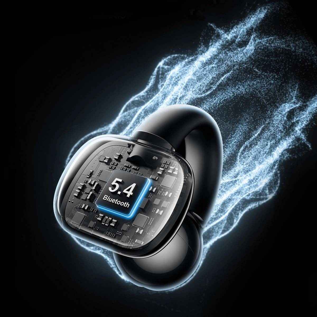 Zbliżenie czarnej słuchawki z chipem Bluetooth 5.4. Konstrukcja sugeruje zaawansowaną technologię bezprzewodową.