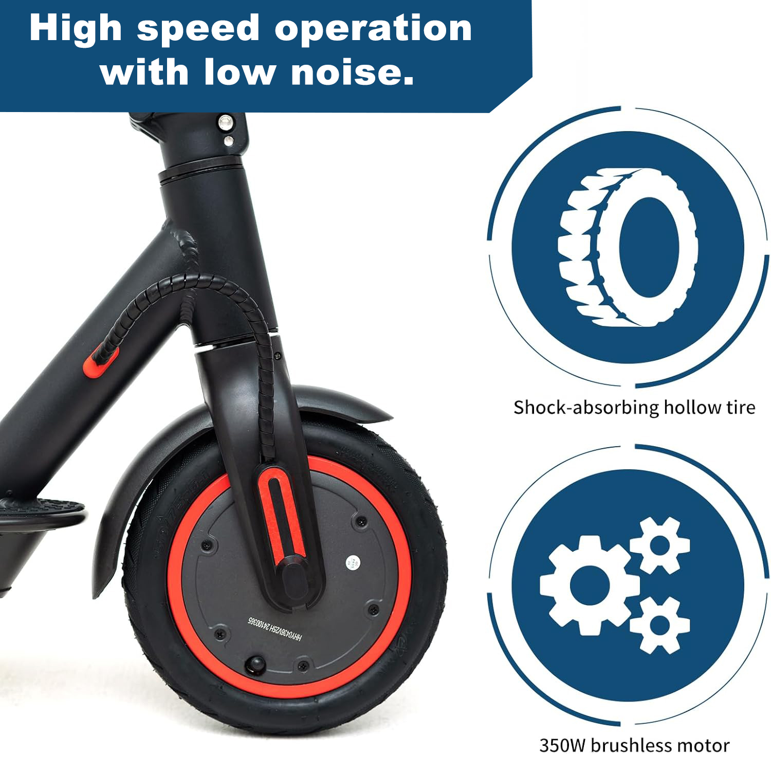 Czarny i czerwony skuter elektryczny. Cechy: amortyzujące opony i silnik bezszczotkowy 350W.