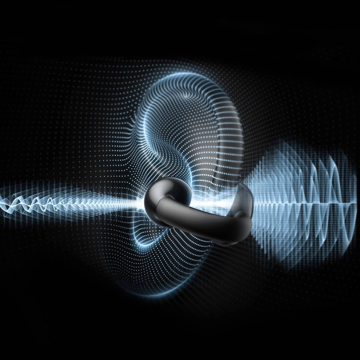 Abstrakcyjny obraz słuchawki otoczonej niebieskim, kropkowanym obrysem. Z boków wychodzą faliste linie.