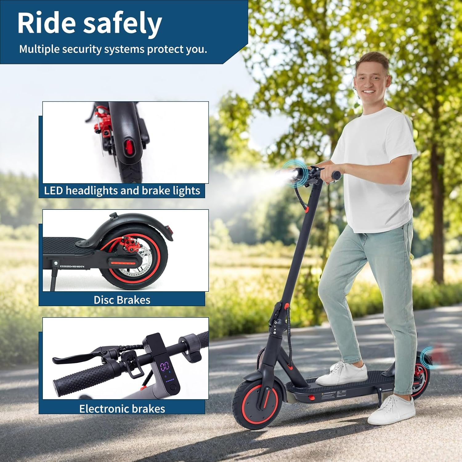 Mężczyzna stoi ze skuterem elektrycznym. Skuter ma reflektory LED, hamulce tarczowe i hamulce elektroniczne.