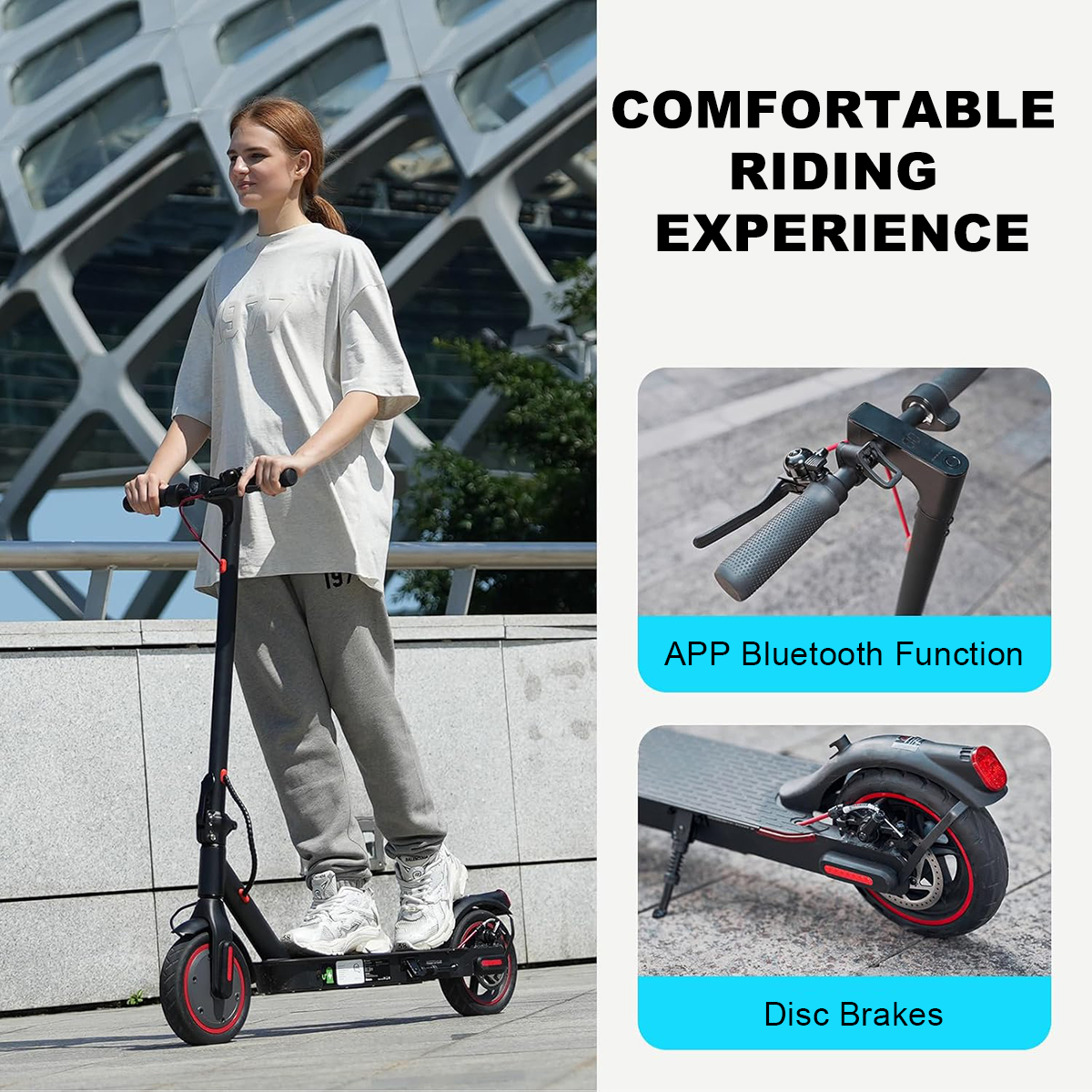 Kobieta jedzie czarną hulajnogą. Wstawki pokazują kierownicę z hamulcami oraz tylne koło z hamulcami tarczowymi i światłem.