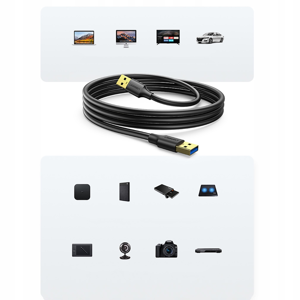 Czarny kabel USB ze złotymi złączami obok różnych urządzeń elektronicznych.