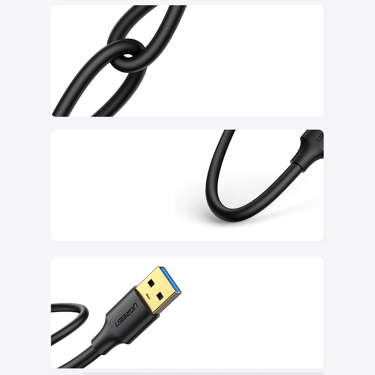 Zbliżenia czarnego kabla USB, pokazujące jego elastyczność i złote złącze.