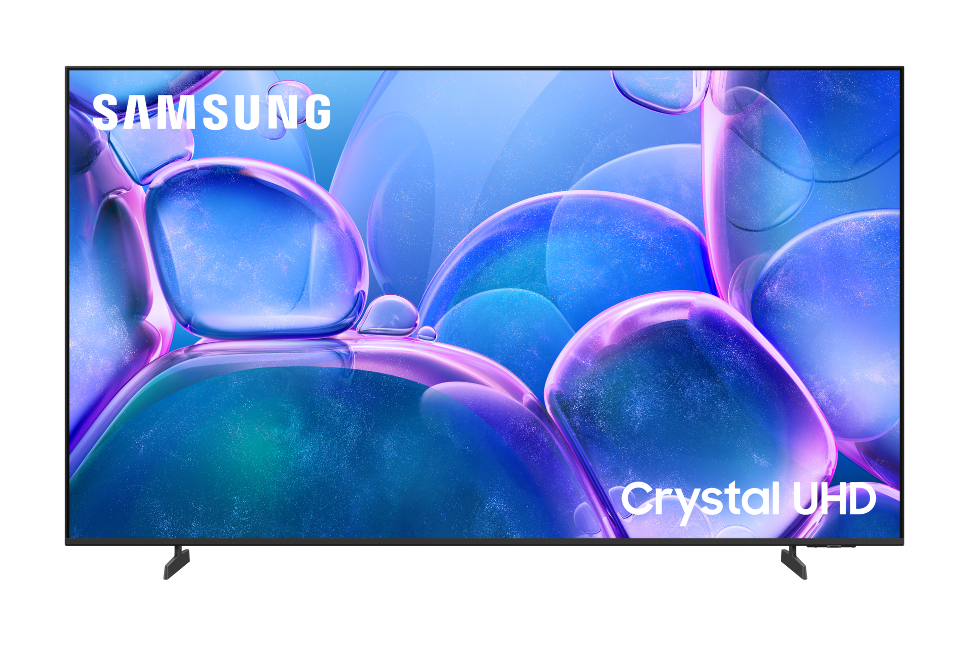 Een Samsung tv met een abstracte, kleurrijke en bubbelachtige afbeelding op een witte achtergrond.