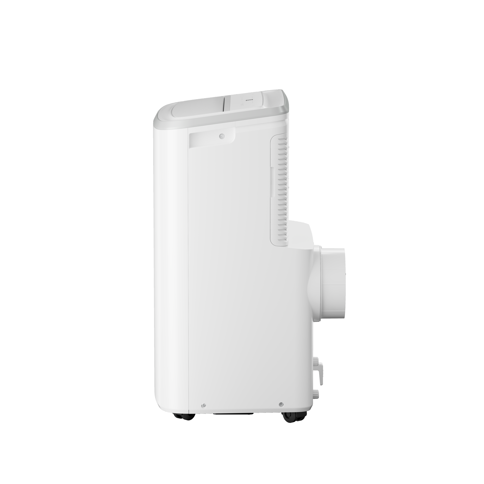 Widok z boku białego przenośnego klimatyzatora z bocznym odpowietrznikiem, na czarnym tle.