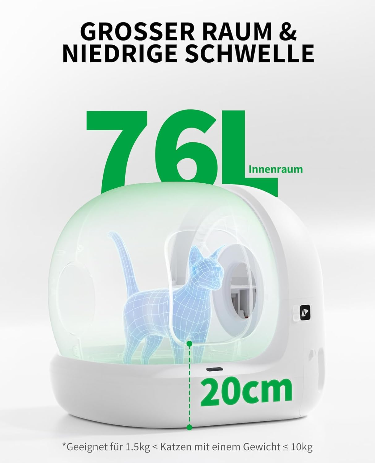 Eine weiße, automatische Katzentoilette mit blauer Katze im Inneren. Die Box misst 20 cm.