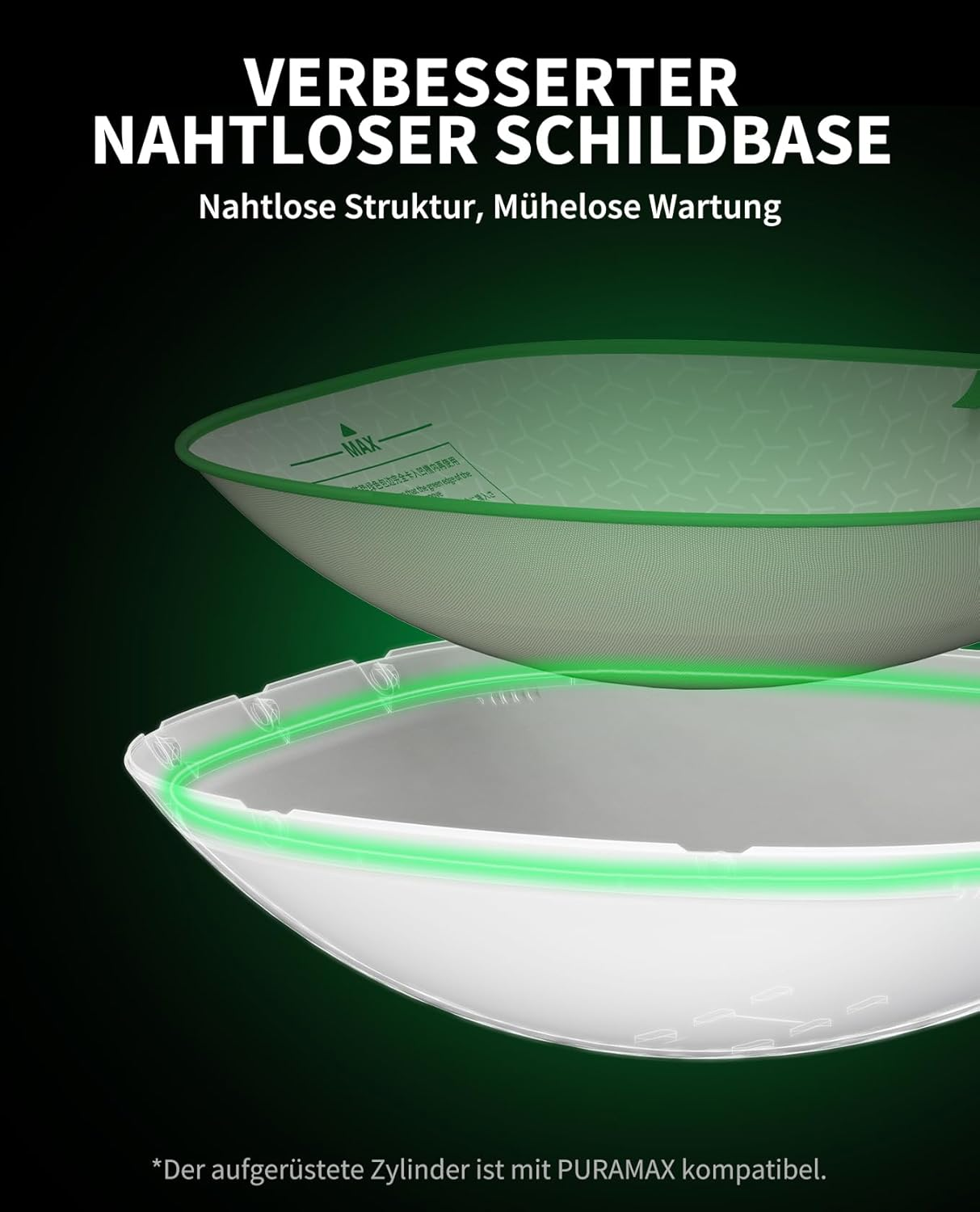 Eine Nahaufnahme einer weißen Plastiknahtlinie und des Textes VERBESSERTER NAHTLOSER SCHILDBASE.
