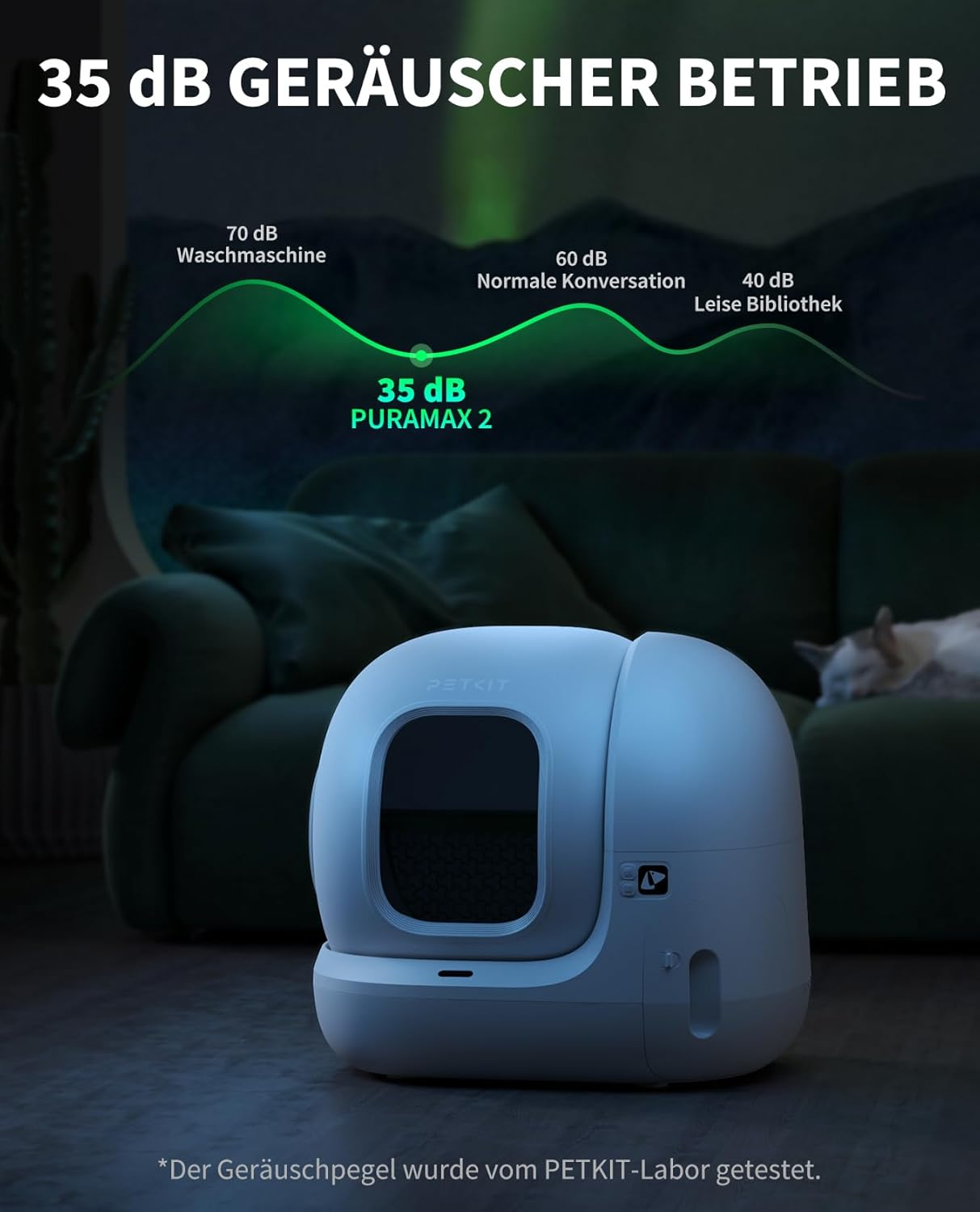 Weiße automatische Katzentoilette mit blauem Katzenumriss im Inneren der Box.