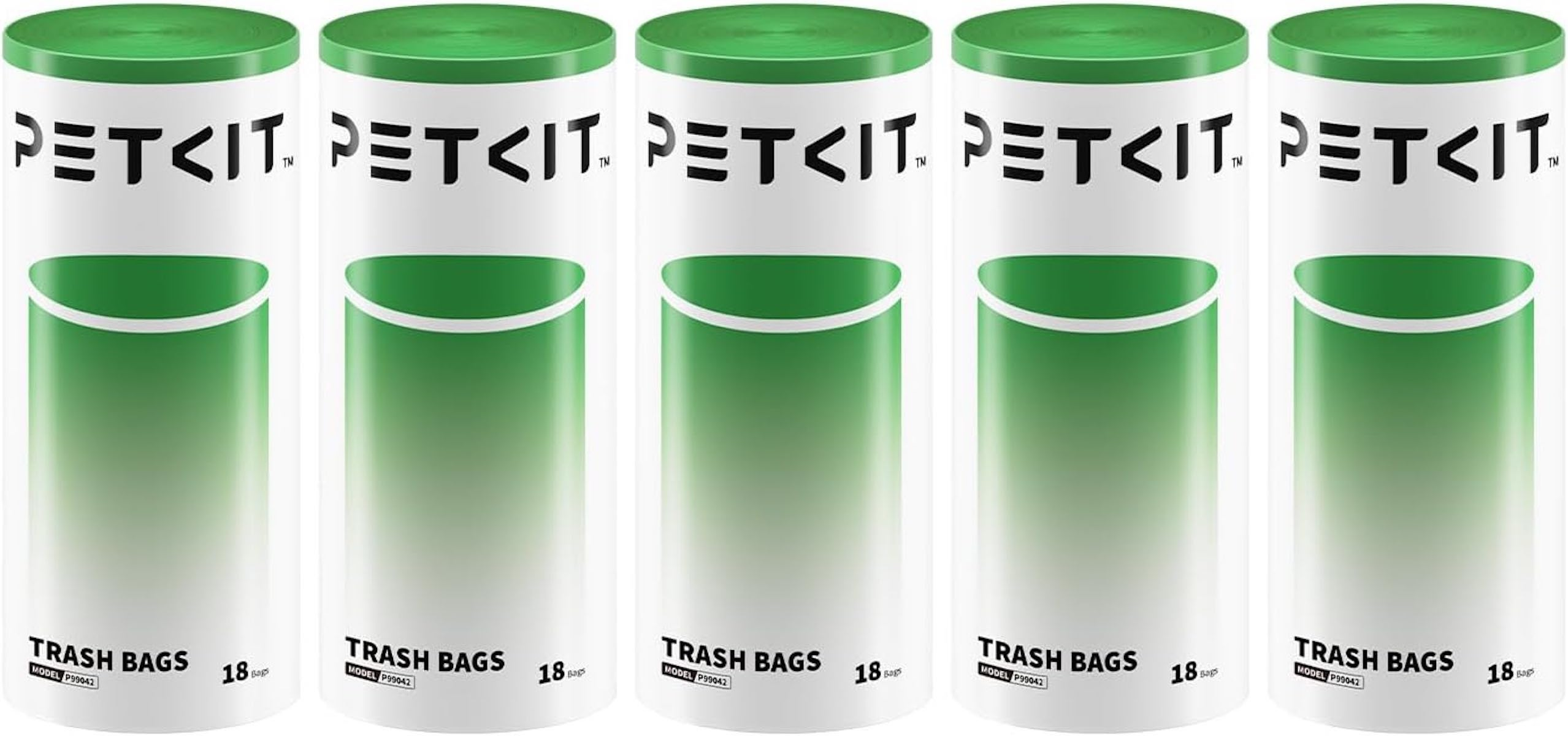 Fünf weiße Rollen Petkit-Müllbeutel mit grünen Oberseiten und dem Text TRASH BAGS.