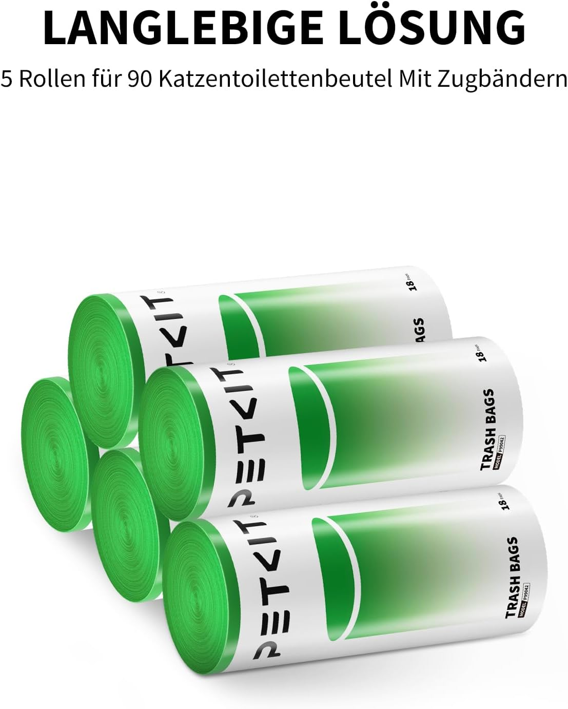 Fünf grüne Rollen Müllbeutel mit dem Text PETKIT an den Seiten. Die Rollen sind in einer Reihe angeordnet.