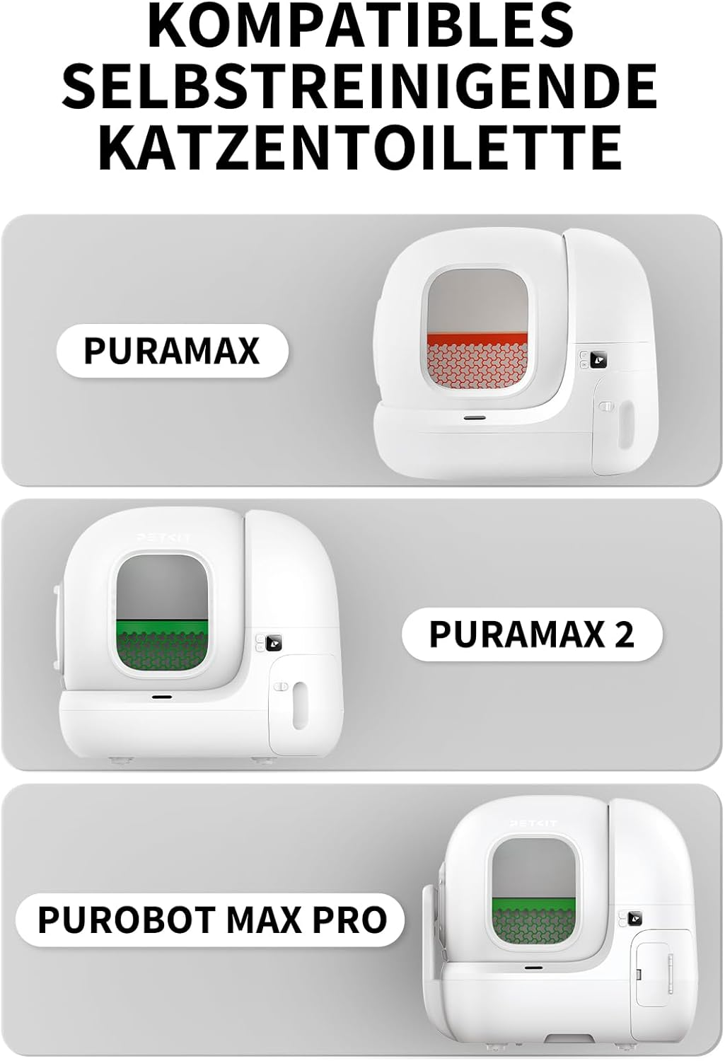 Das Bild zeigt 3 selbstreinigende Katzentoiletten: Puramax, Puramax 2 und Purobot Max Pro, auf grauem Hintergrund.