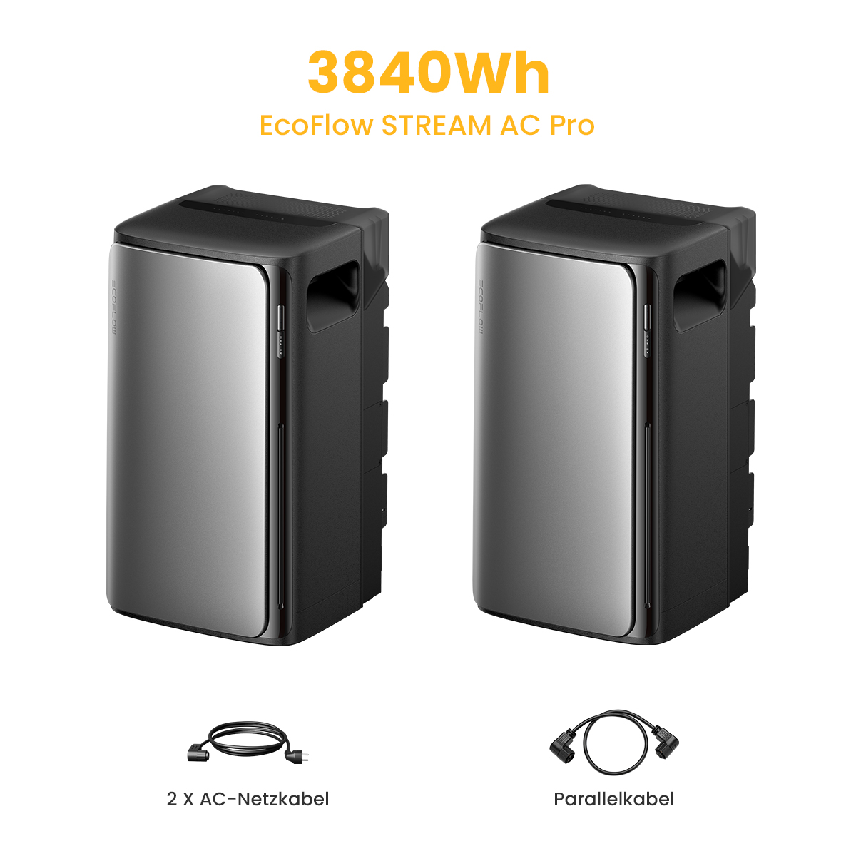 Dos centrales eléctricas negras con cables. El texto dice '3840Wh' y 'EcoFlow STREAM AC Pro'.