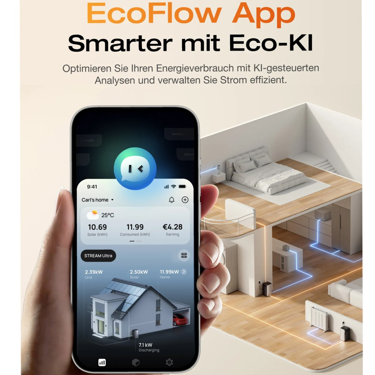 Eine Hand, die ein Telefon mit Hausplan, Solar- und Energiestatistiken hält, mit Schlafzimmer im Hintergrund.