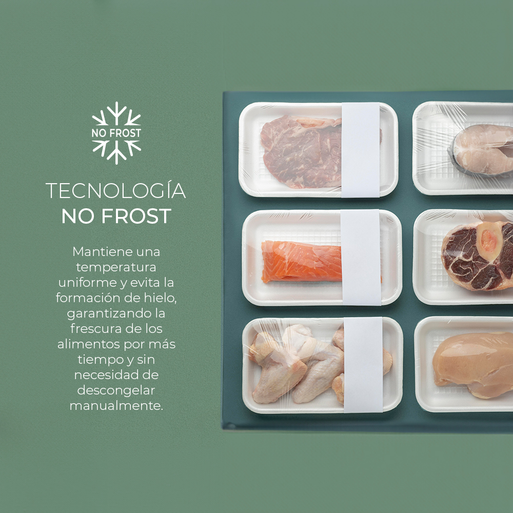 Imagen que muestra alimentos envasados con un icono 'No Frost' y descripción de texto.
