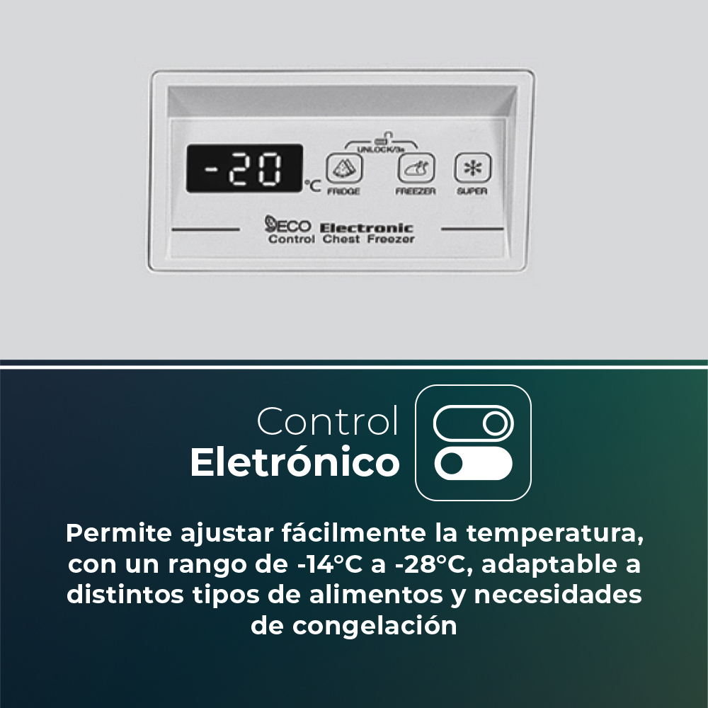 Panel de control de congelador blanco que muestra temperatura y configuraciones.