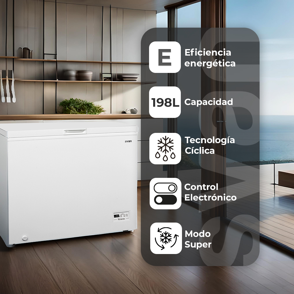 Congelador horizontal blanco en un entorno de cocina con iconos, texto y estanterías abiertas.
