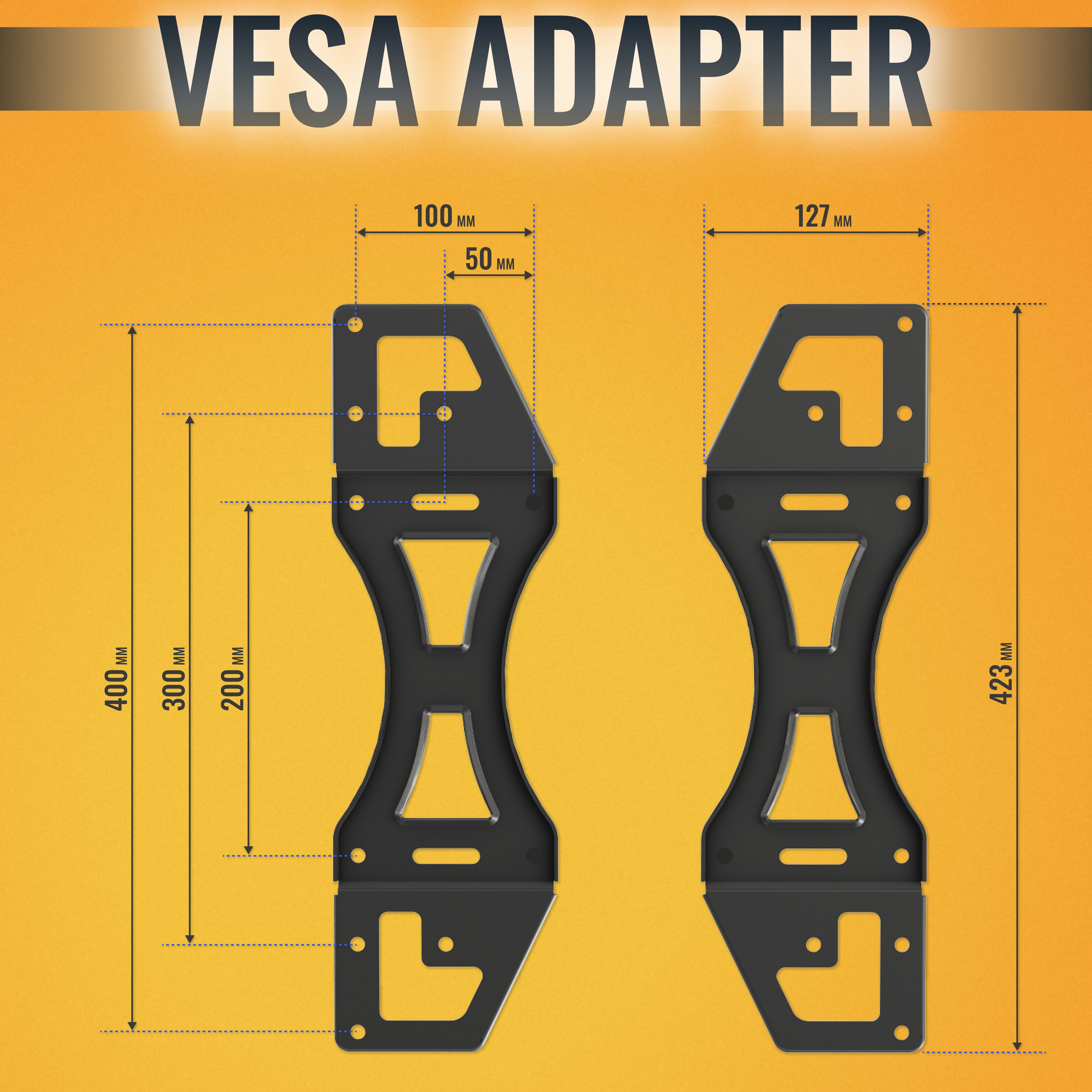 VESA-Adapter mit Abmessungen, zwei schwarze, halterungsartige Strukturen auf gelbem Hintergrund.