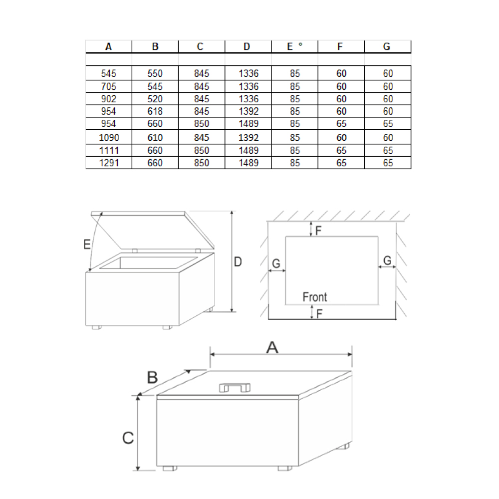 Dibujo técnico de un congelador arcón con dimensiones.