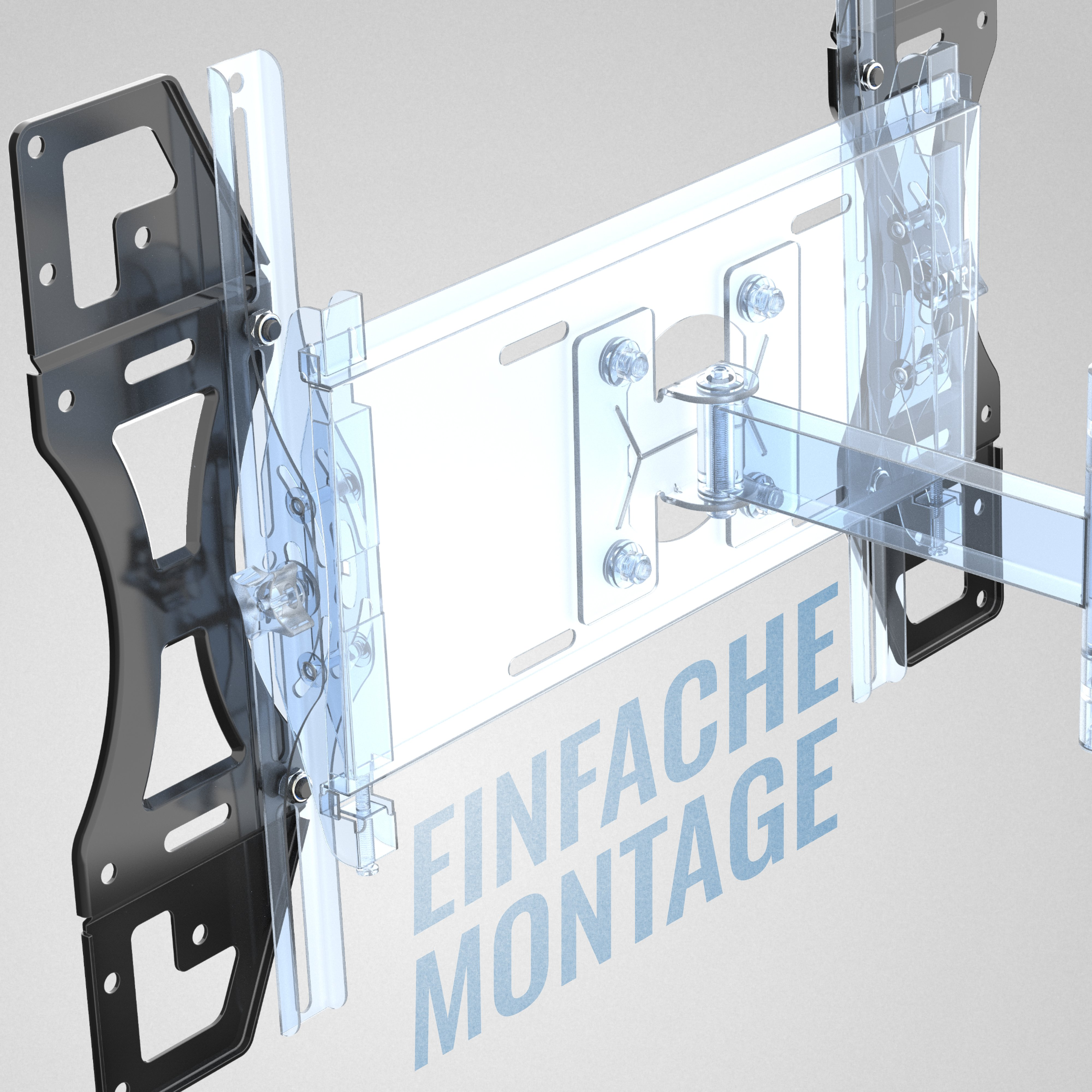 Wandhalterungs-Baugruppe. Es besteht aus Metall und transparentem Kunststoff, mit dem Text 'Einfache Montage'.