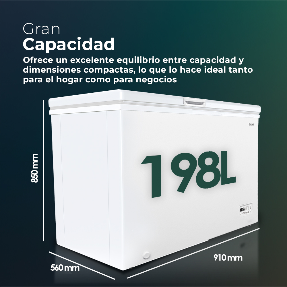 Congelador arcón blanco con '198L' y dimensiones en fondo verde oscuro.