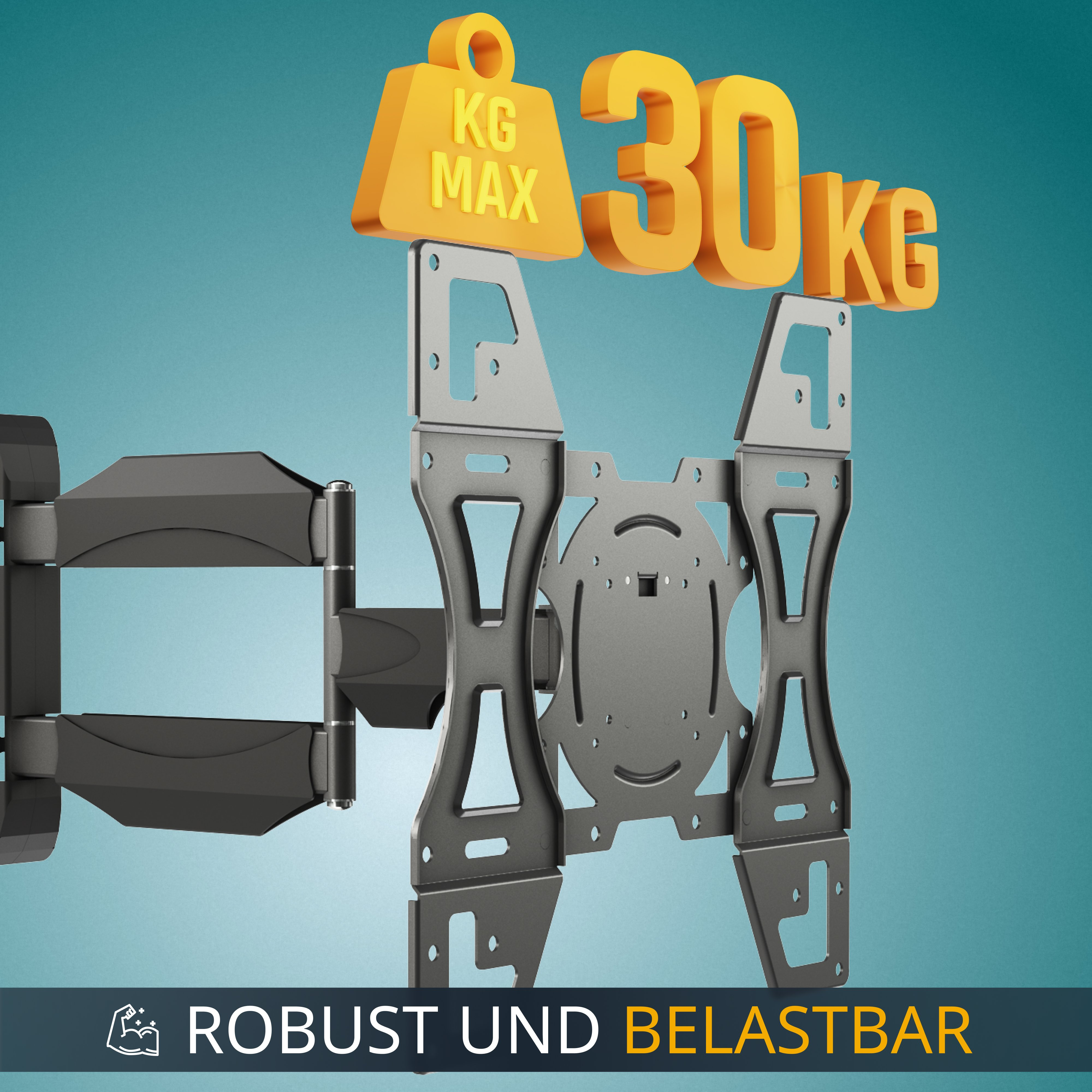 TV-Halterung mit Text 30 KG max, und dem Satz 'ROBUST UND BELASTBAR'.