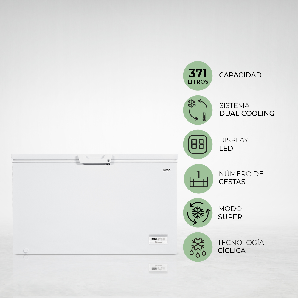 Congelador blanco con un bocadillo de texto a la derecha e iconos.