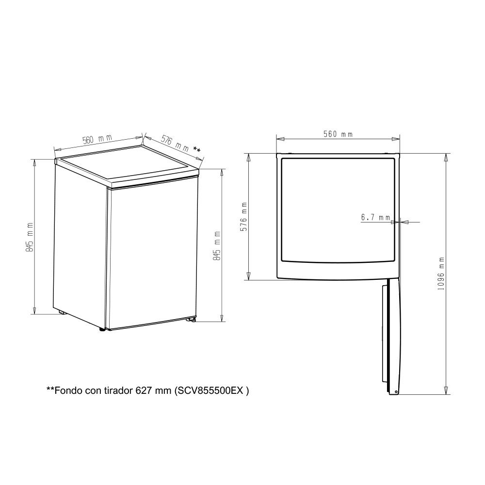 Rysunek liniowy lodówki pokazujący wymiary w mm.