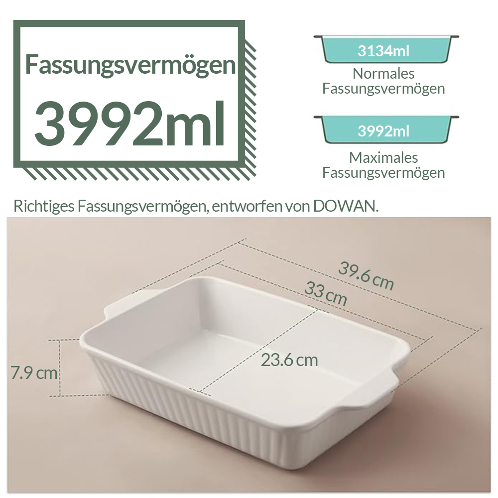 Teglia da forno in ceramica bianca con dettagli di capacità e dimensioni, progettata da DOWAN.