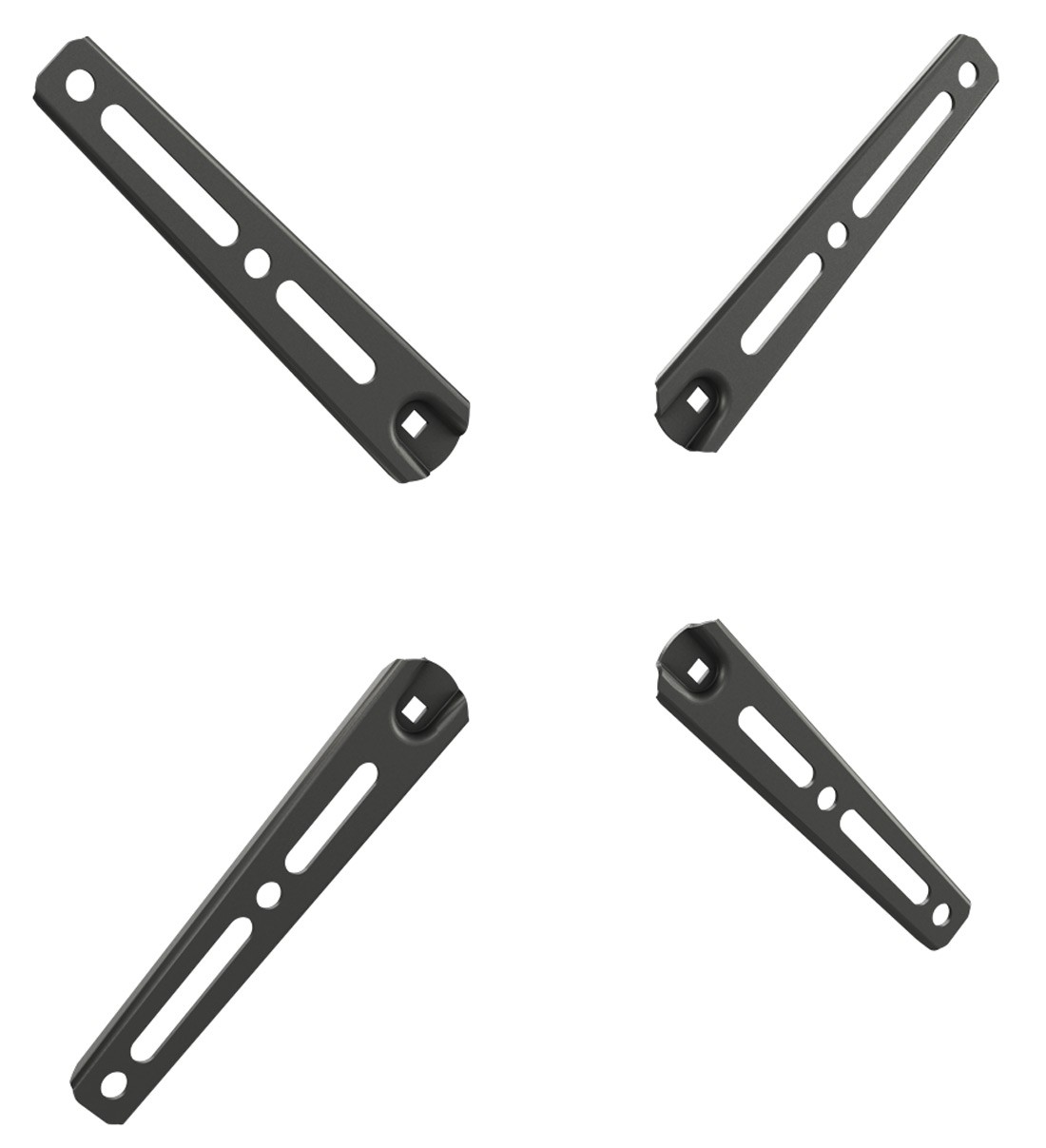 Vier schwarze Metallhalterungen, jede abgewinkelt und mit Löchern und einem quadratischen Ausschnitt.