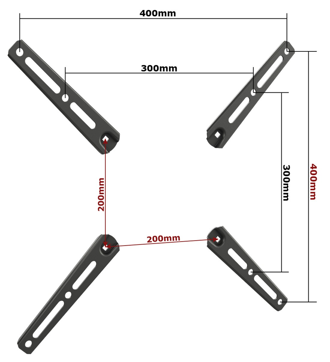 Diagramm der Montagehalterungen. Abmessungen angezeigt. Vier Halterungen kreuzen sich in der Mitte. Schwarz auf weißem Hintergrund.