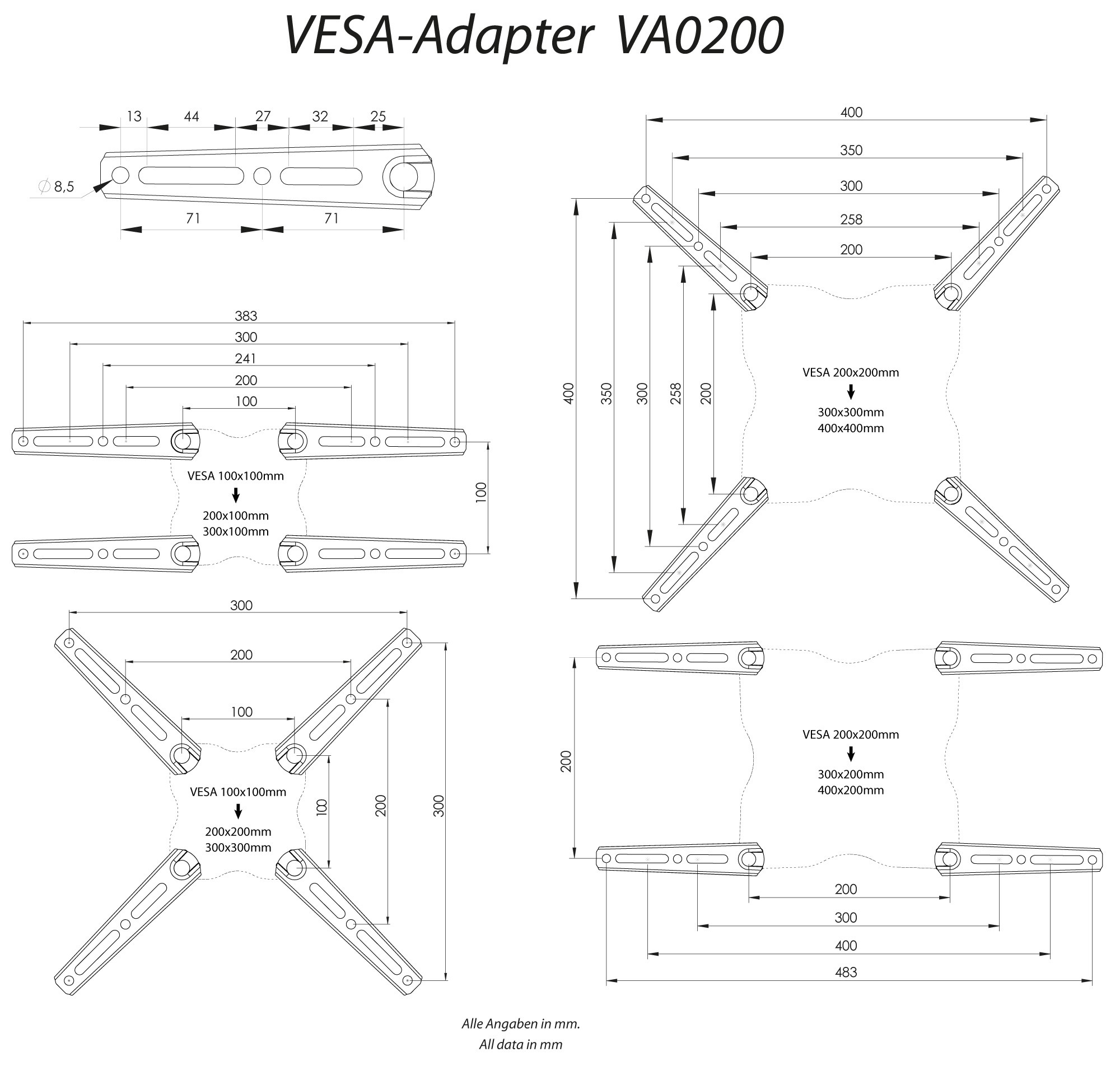 Technische Zeichnung eines VESA-Adapters mit Abmessungen und Diagrammen.