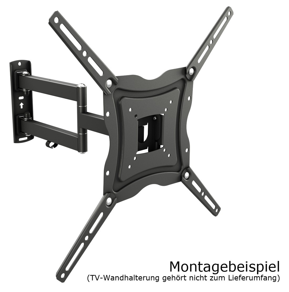 TV-Wandhalterung. Schwarz, mit verstellbaren Armen. Text auf Deutsch. Weißer Hintergrund.