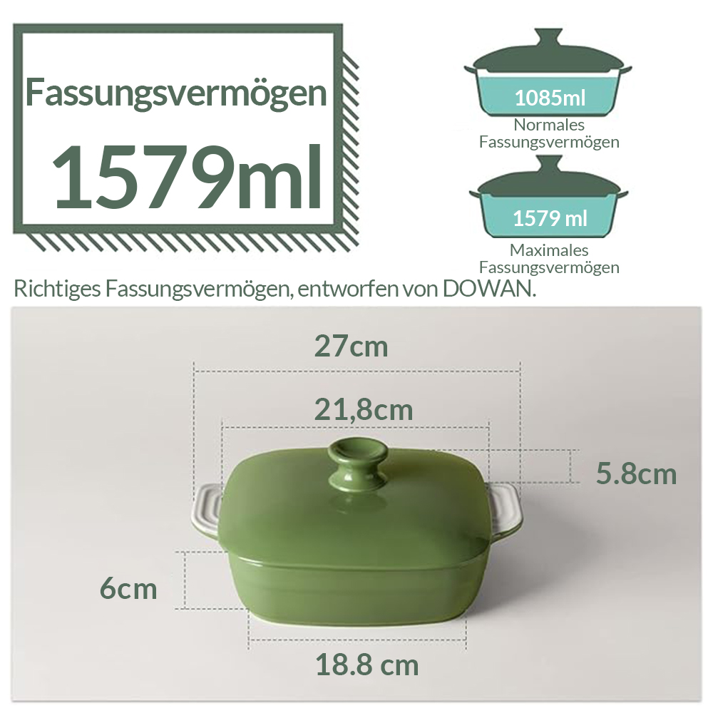 Grüne Keramik-Backform mit Deckel, Maße und Kapazitätsangaben auf Deutsch.