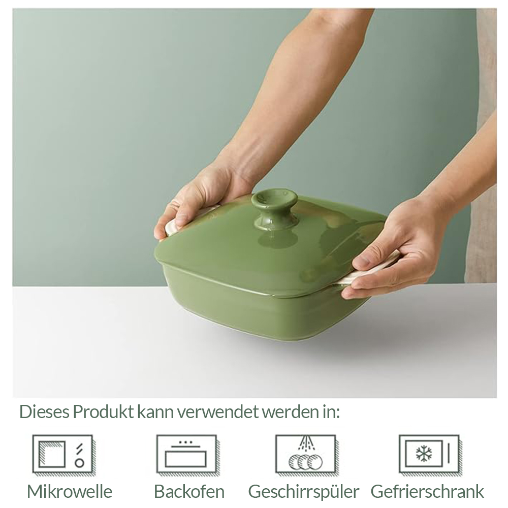 Hände halten grüne Keramik-Backform mit Deckel, Mikrowellen-, Ofen-, Spülmaschinen-Icons.