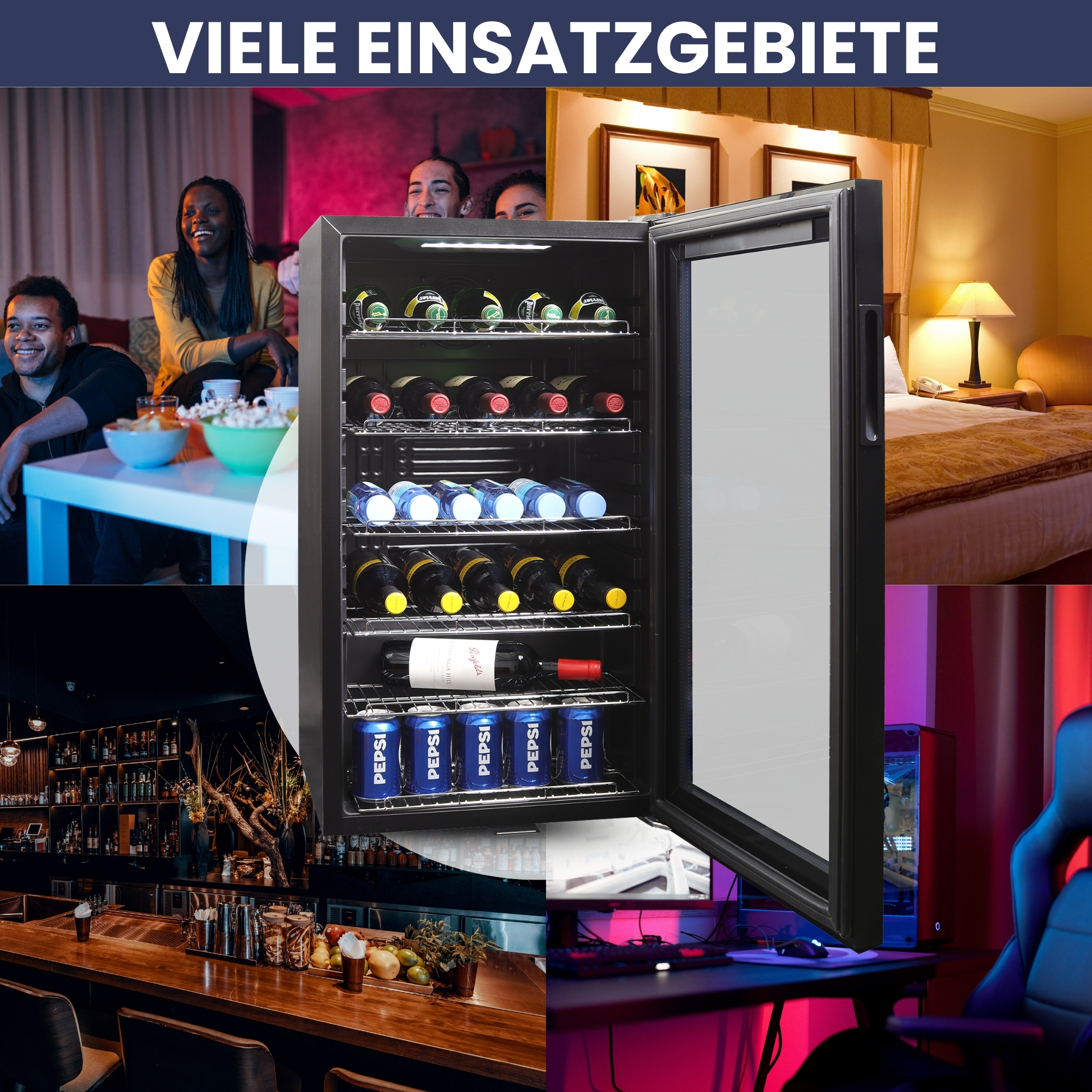 Weinkühler in verschiedenen Umgebungen: Wohnzimmer, Schlafzimmer, Bar, Spielzimmer.