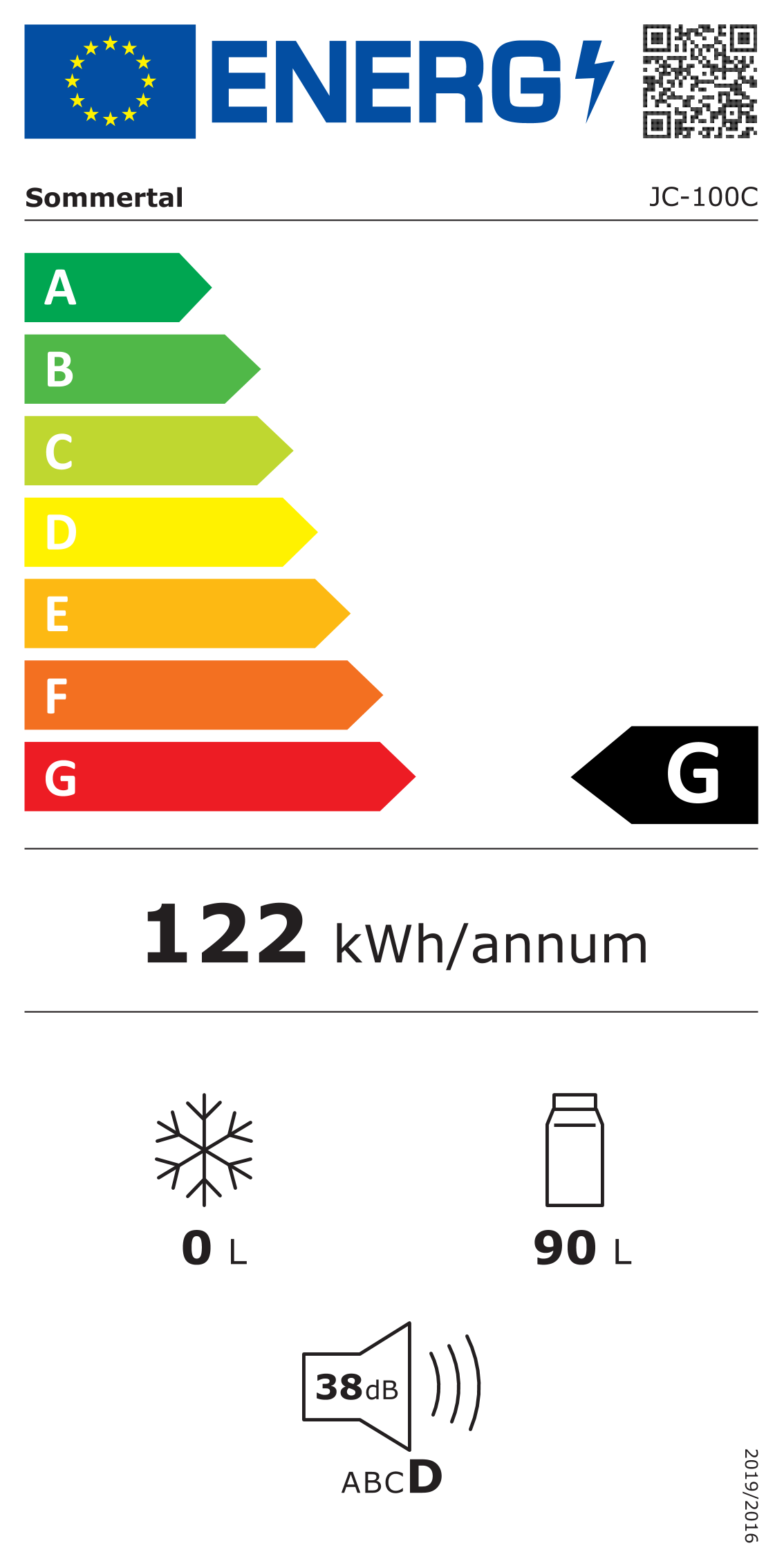 Energielabel für einen Kühlschrank, Klasse G, mit Details zu Energieverbrauch und Kapazität.
