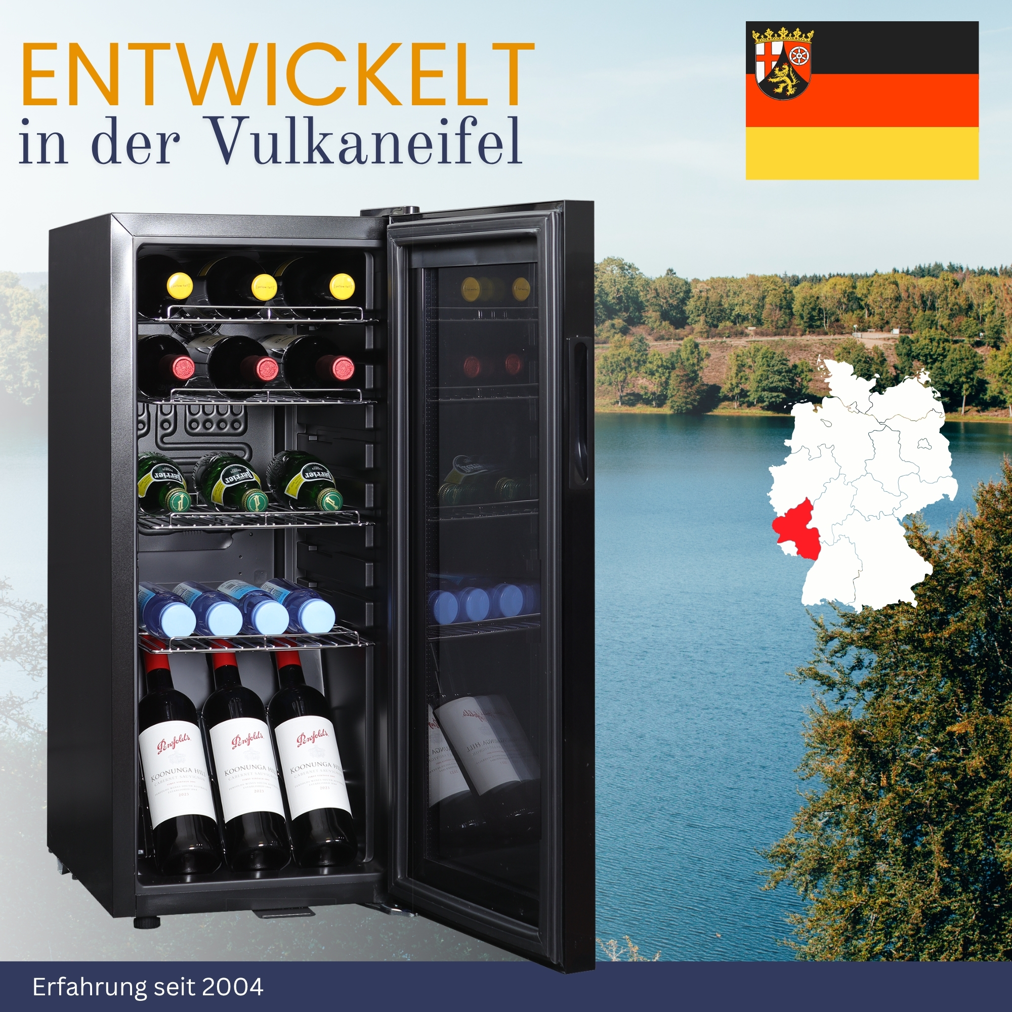 Weinkühler mit Flaschen, deutsche Flagge, Karte mit Region und See im Hintergrund.